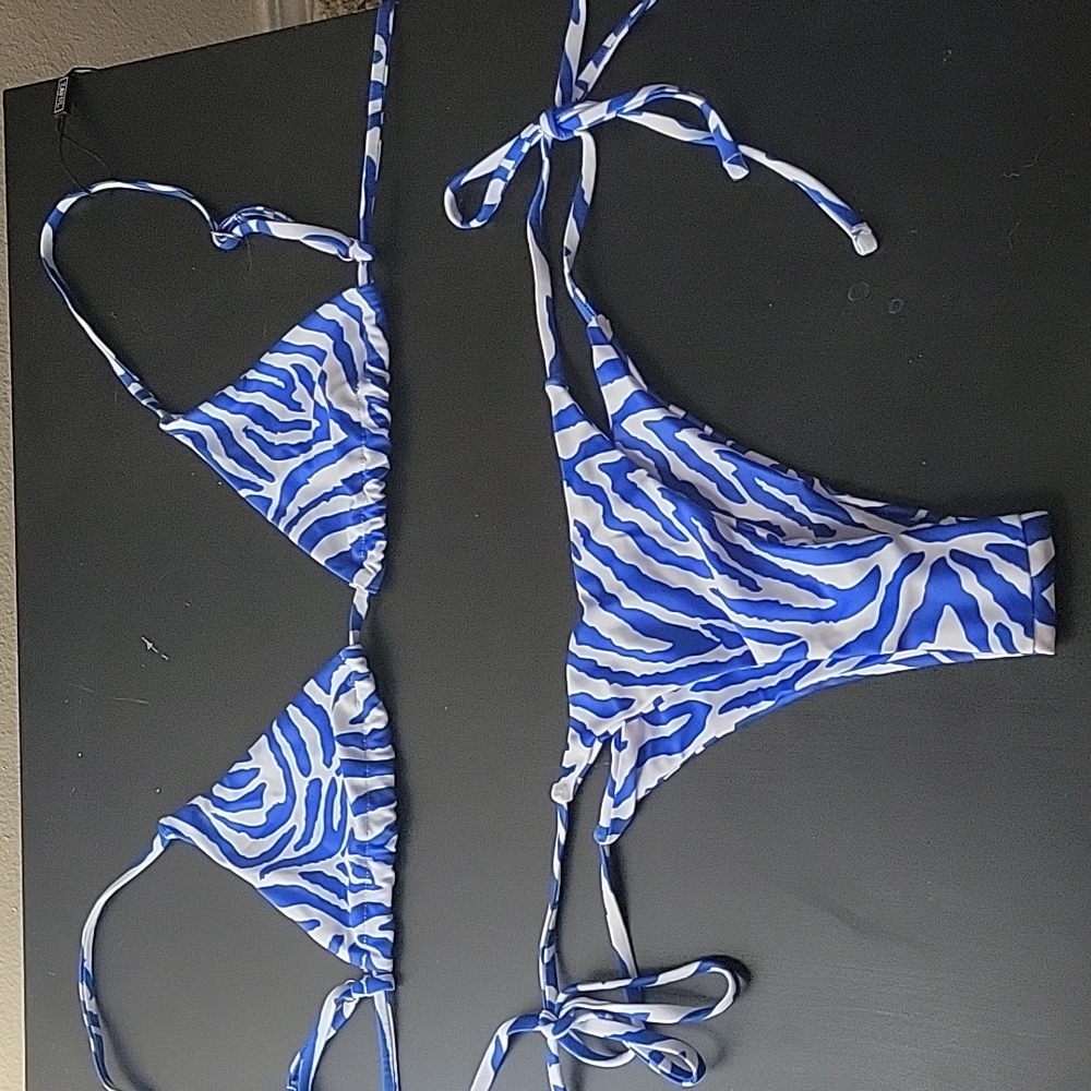 Blue and white tiger print thong bathingsuit